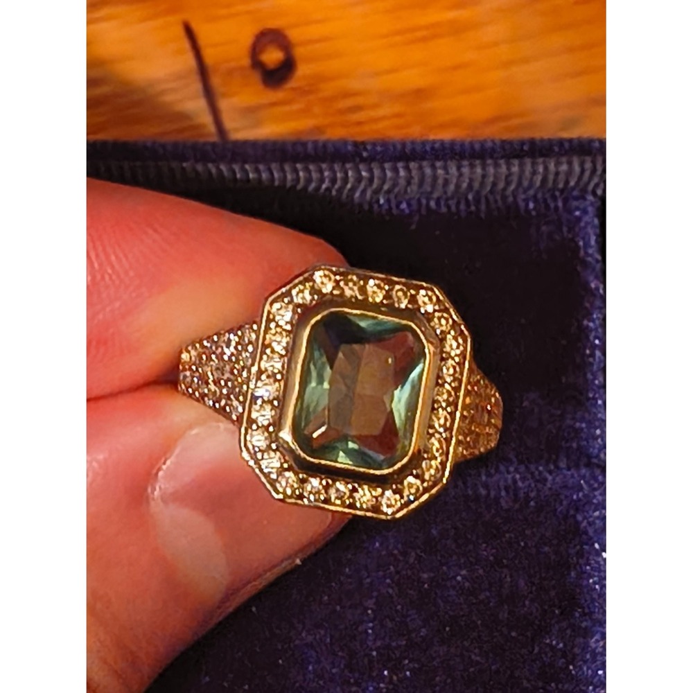 Gold Tone Emerald Cut Green Stone Pave Halo Cocktail Statement Ring Size 7.5